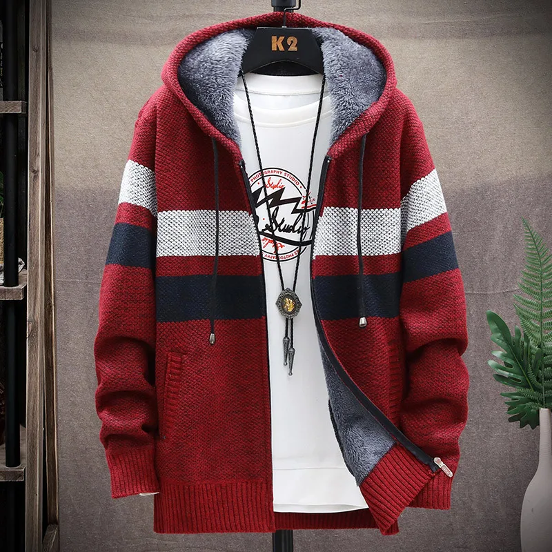2023 Men's plush cardigan loose oversized casual color contrast fashion versatile jacket youth slim fitting trendy hooded jacket 3