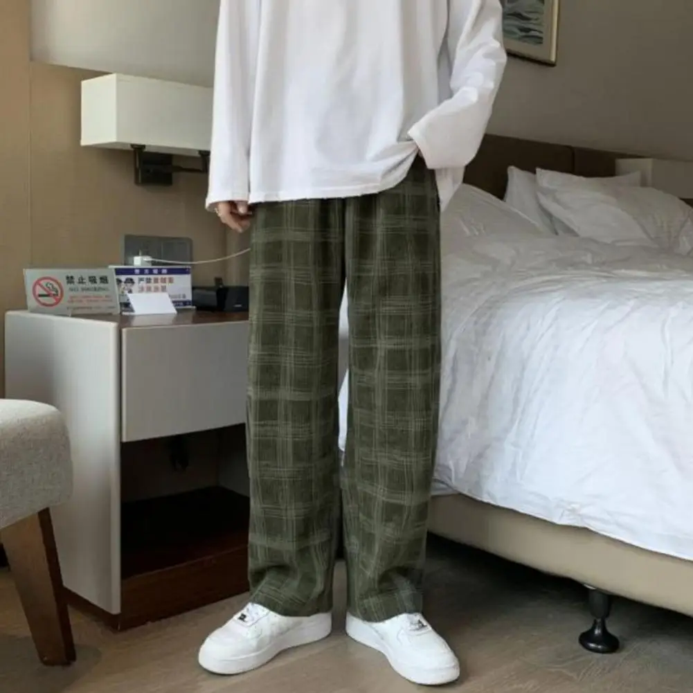 Men Mid-Rise Drawstring Pockets Straight Wide Leg Pants Plaid Print Loose Casual Pants for men Streetwear pantalones hombre