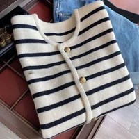 Korean Fashion Sweater Cardigan White Black Striped Knitted Sweater Women 2023 Winter Short Cardigan Long Sleeve Cardigan Female - Image 3
