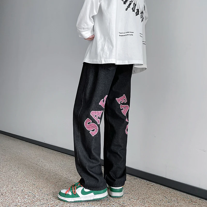 

Men's Straight Wide Leg Pants Letter Embroidery Black Jeans Loose Jeans Hip-hop Style Trousers Oversized Man Clothing Streetwear