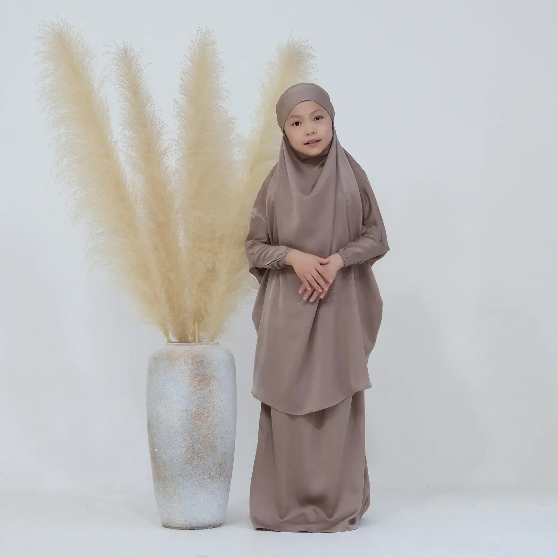 Ramadan Kids Girls Jilbab 2 Piece Set Abaya Hijab Khimar+Skirt Matching Muslim Sets Dubai Dress Children Prayer Islamic Clothing