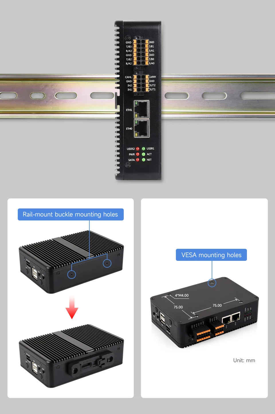 Gigabit/2.5G Dual Ethernet Industrial Computer For Raspberry Pi CM5, The top of the case is reserved for ventilation openings, built-in fans for better heat dissipation.