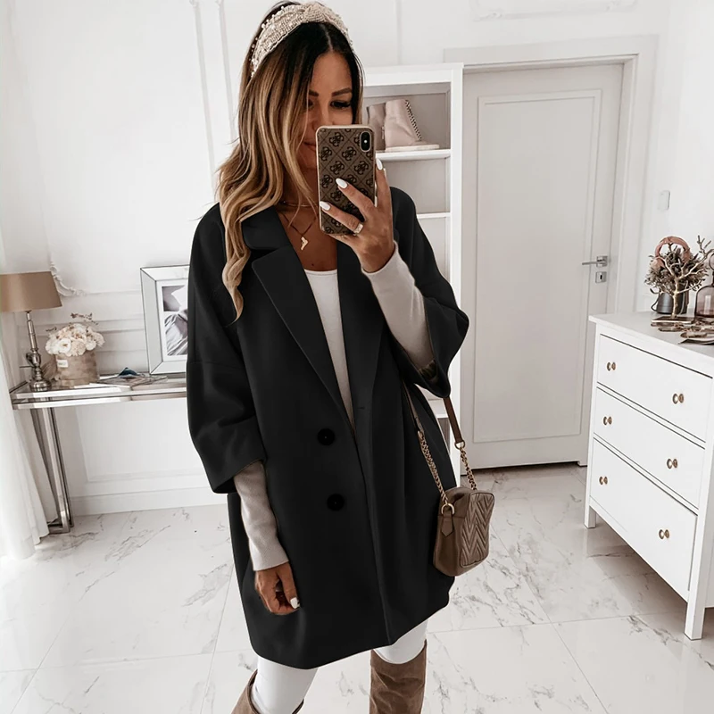 Autumn Loose Woolen Blends Coats Winter Casual Three Quarter Sleeve Coat Women Single-Breasted Outwear Loose Long Overcoats 2024