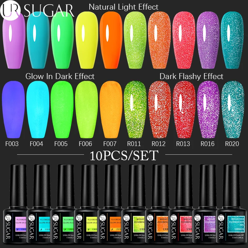 

UR SUGAR 8/10PCS Neon Reflective Nail Gel Set Glow In Dark Fluorescent Semi Permanent Soak Off UV Led Gel Nail Varnish Manicure