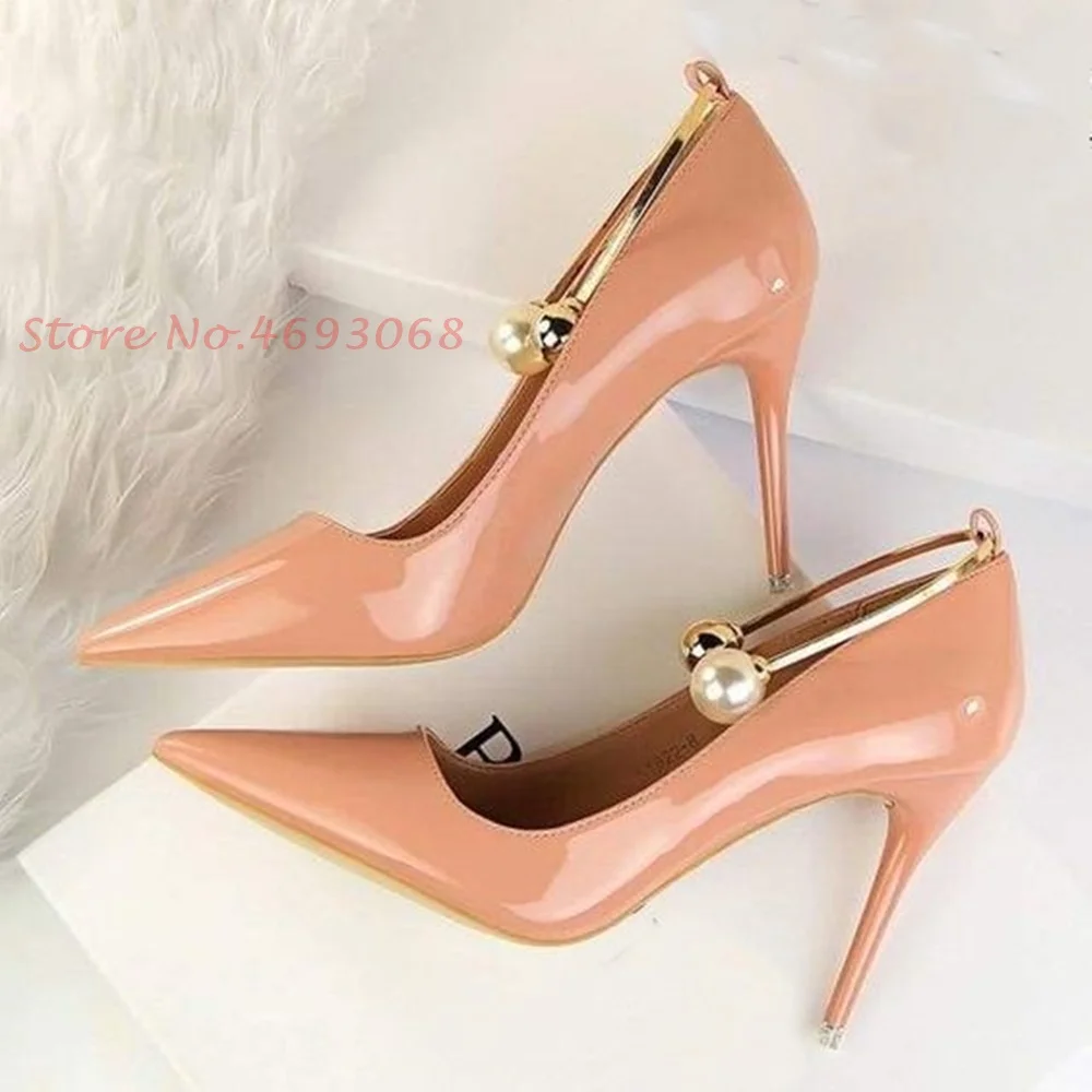 Pearl Patent Leather Pumps For Women Sexy Pointy Toe Super High Thin Heels Party Spring Shoes 2022 Women Office Ladies Pumps