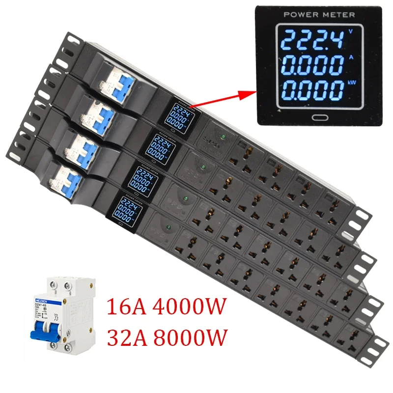 

Network Cabinet PDU Power Strip Power Distribution Unit 2-8Ways Socket with Ampere/Volt/Watt Digital Display Mete SPD