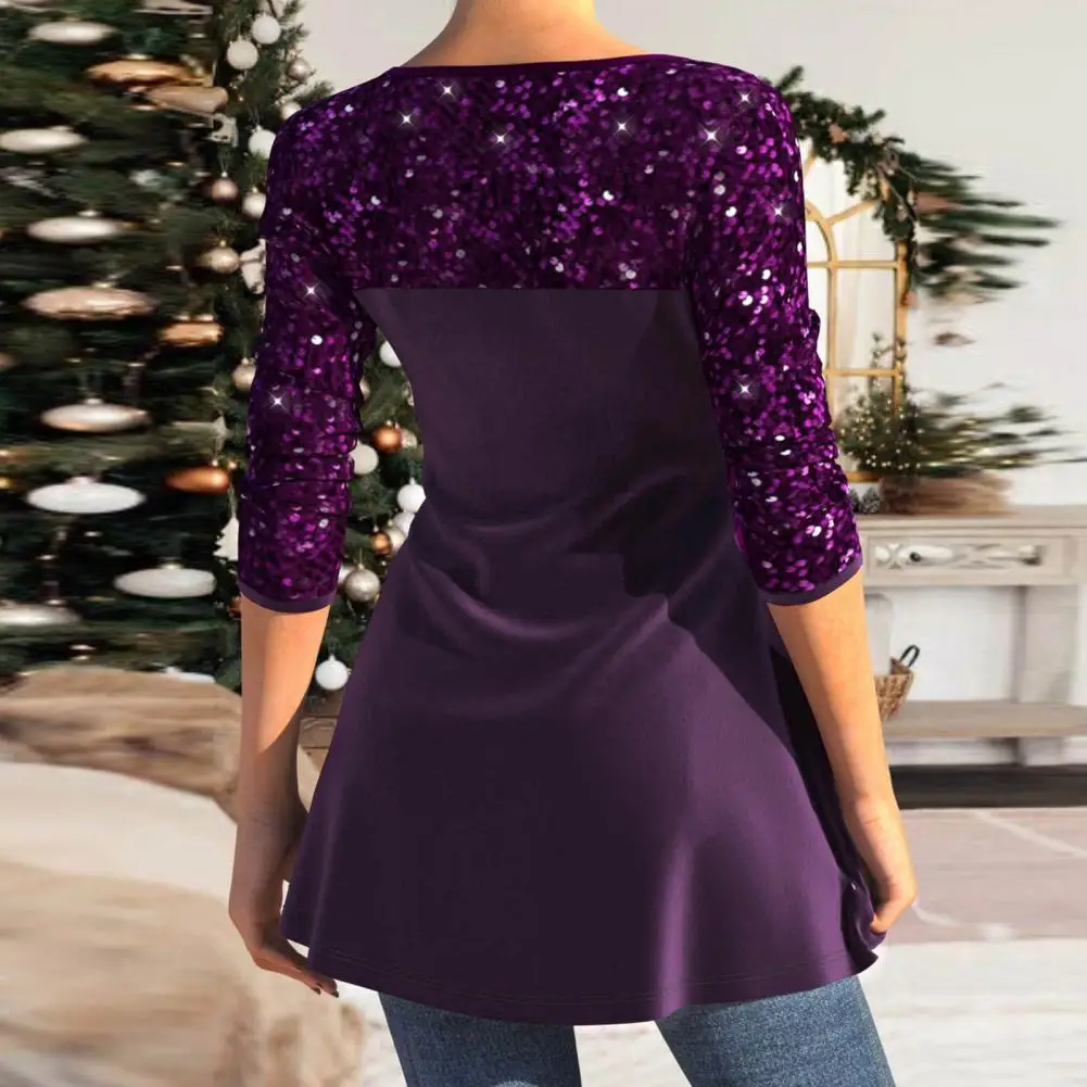 

Autumn Women Top Solid Color Blouse Stunning Sequin V-neck Blouse Flattering A-line Silhouette Cross Lady Top with for Women's