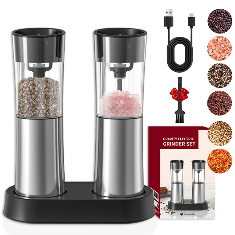 USB Rechargeable Electric Salt and Pepper Grinder Stainless Steel Pepper Grinder Type-C Charging Mills With Storage Base electric grinder salt and pepper grinder pepper grinder