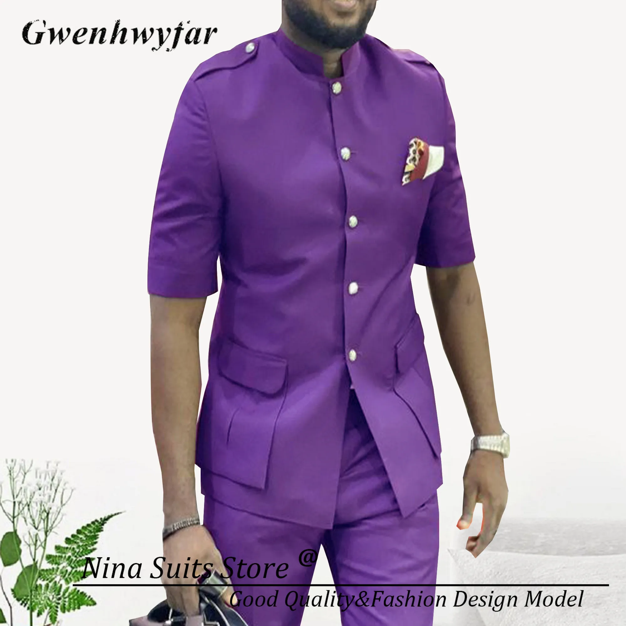 Nina Store African Style Men's Summer 2-piece Suit Formal Short Sleeved Gray Jacket and Pants Metal Silver Buttons on Blazer
