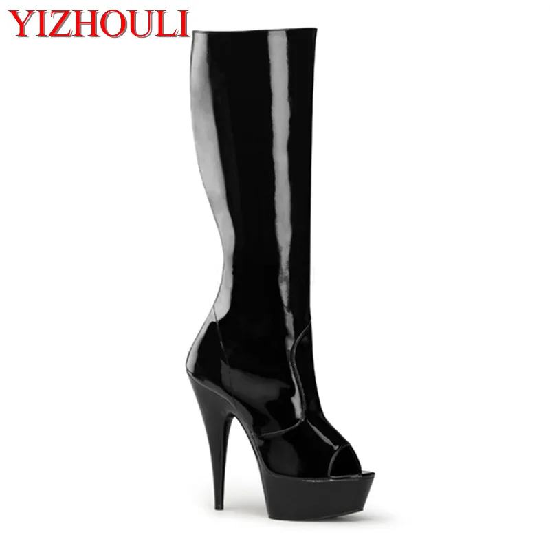 

Classics black / white 6 inch high heels knee boots platform women open toe boots spring and autumn cool dance shoes