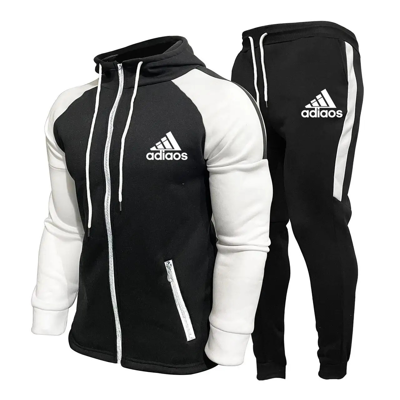 Men's Wool Sweatshirt And Sports Pants Set, Patchwork Print, Hip-Hop Hoodie, Jogging Sportswear, New Autumn/Winter 2024