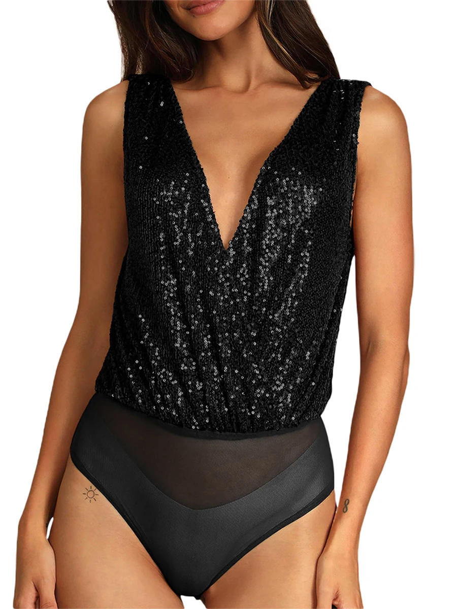 

Women’s Glitter Sequin Bodysuit Solid Color Long Sleeve Draped Back Slim Fit Leotard Body Tops Clubwear