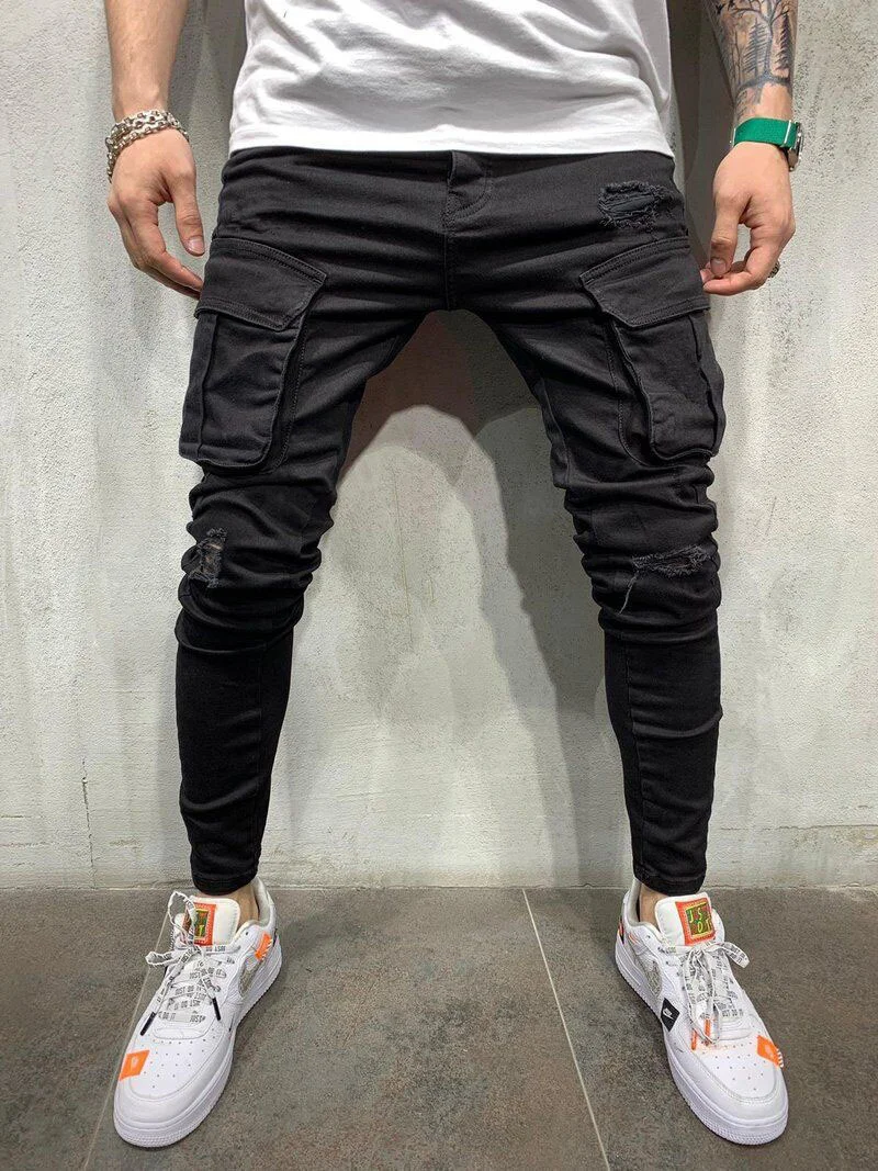 

Men's Casual Black Pencil Jeans Four-season Pants Male Cool Multi-pockets Simple Solid Color Cotton Denim Trousers Streetwear