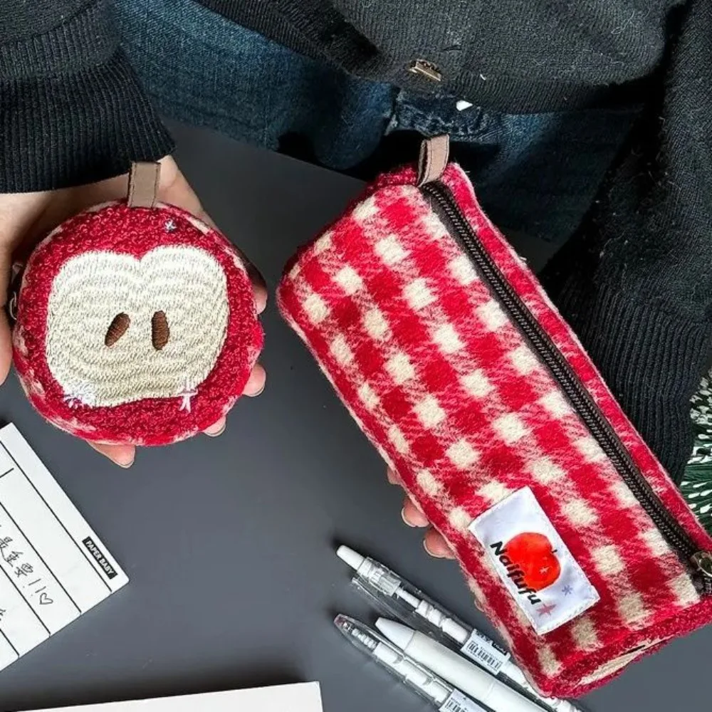 

Cotton Linen Apple Pen Bag Cute Plush Apple Shape Simple Student Stationery Earphone Bag