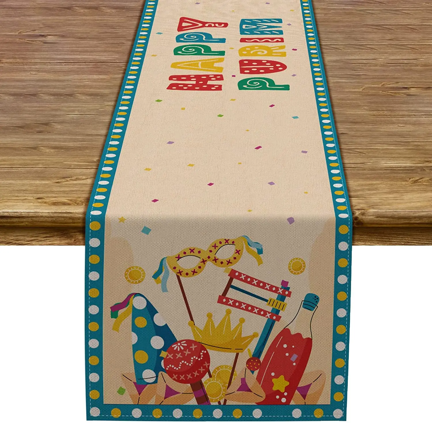 

Happy Purim Linen Table Runner Jewish Carnival Hamantaschen Gragger Masque Table Runner Holiday Party Kitchen Dinning Decoration