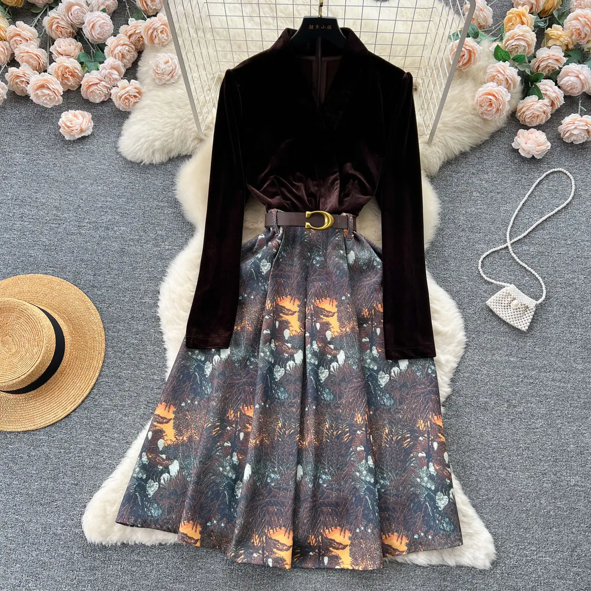 

JAMERARY Autumn Winter Runway Velvet Jacquard Dresses Women Korean Style Notched Long Sleeve Flower Print Midi Vestidos