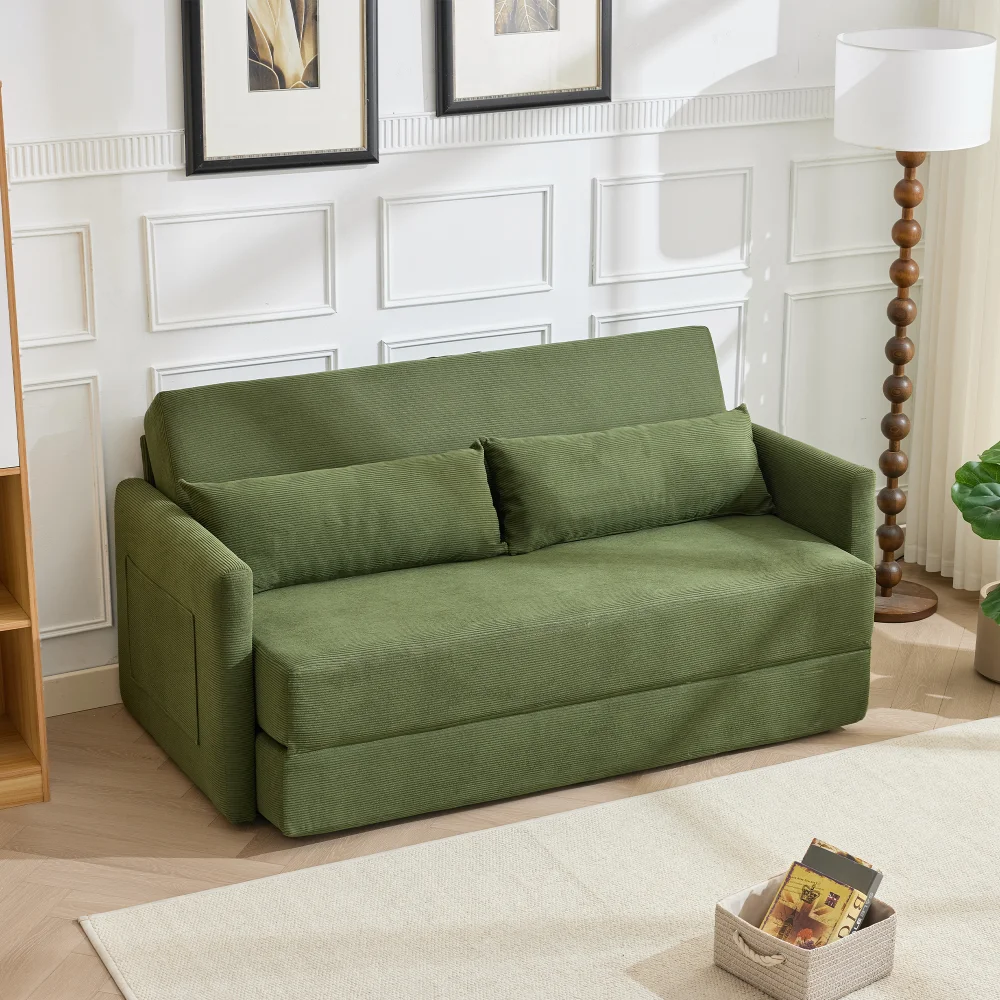 2-in-1 Konvertierbares Klappsofa-Bett aus Cord, 2-Sitzer Lounge-Couch mit Lendenkissen & Zeitschriften-Aufbewahrungstaschen, Beige – Detail 24