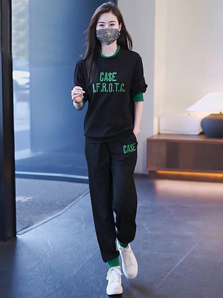 

2023 Autumn New Fashion Tracksuit Spliced With Letter Print Womens 2 Piece Outfit Set O-Neck Pullover+Casual Pants Suit 4XL
