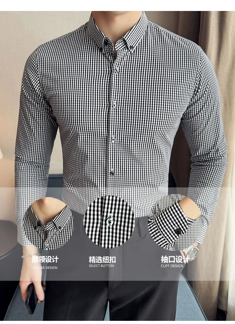 Description Picture 4 of itemStripe Shirt for Men Korean Luxury Clothing Long Sleeve Men's Social Shirt Dress Front Pocket Design Slim Fit Casual Prom Tuxedo