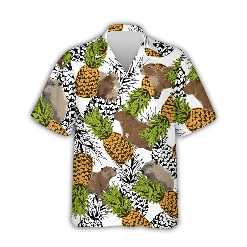 Kawaii Capybara Pattern Shirt Men's 3D Printed Hawaii Aloha Beach Men's Shirt Short Sleeve Cool Top Lapel Shirt 5