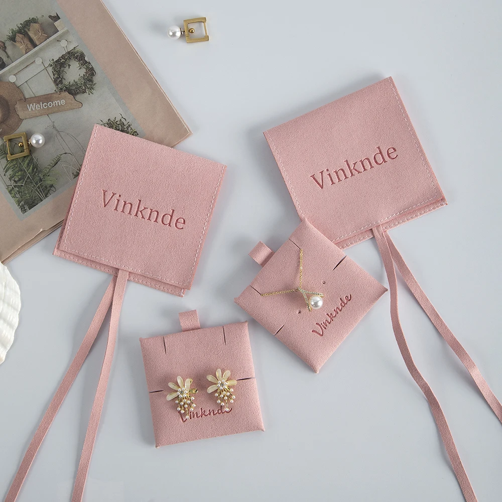 Magic 8*8cm Custom Logo Jewelry Package Pink Microfiber Suede  Envelope Drawstring Gift Bag with Insert Pad Card Jewelry Pouch luxury bronzing white envelope pink blue orange envelope greeting card letter paper bag wedding invitation envelope 13x18cm