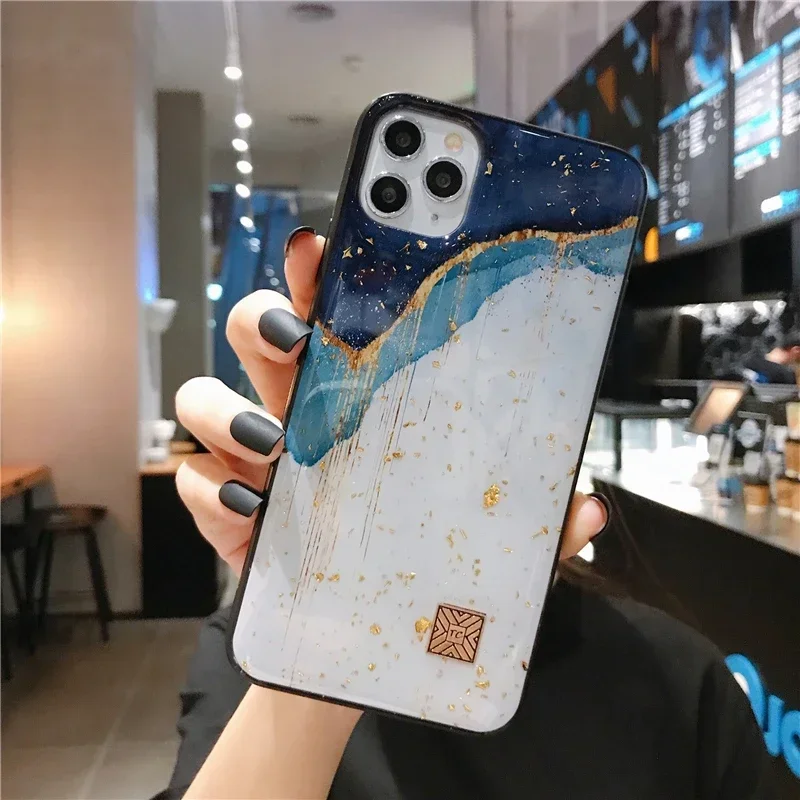 Luxurious Marble Silicone Epoxy Glitter Phone Case with Gold Foil Feather Design