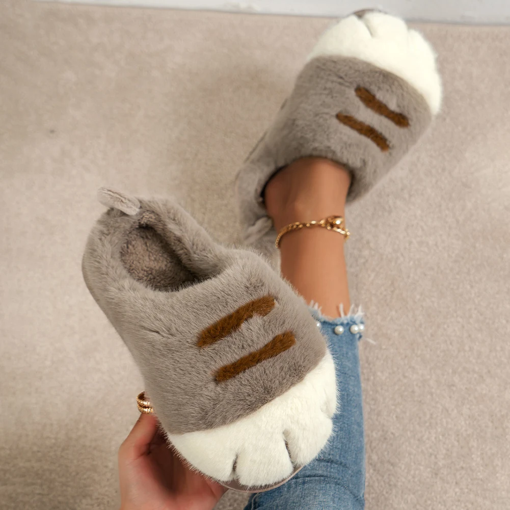 3D Cat Paw Plush Slippers Warm Slip-on House Shoes Anti Slip Fluffy Home Slippers Furry Paw Couple Slippers for Autumn Winter