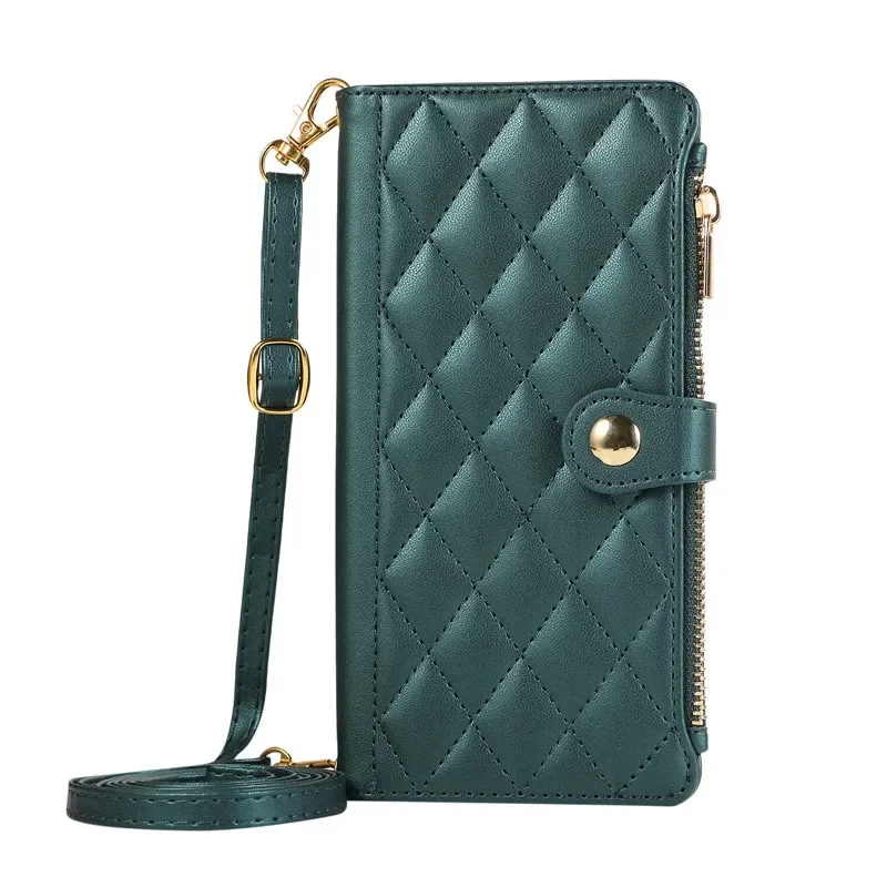 Rhombus Grid Flip Wallet Phone Case with Long Hanging Rope