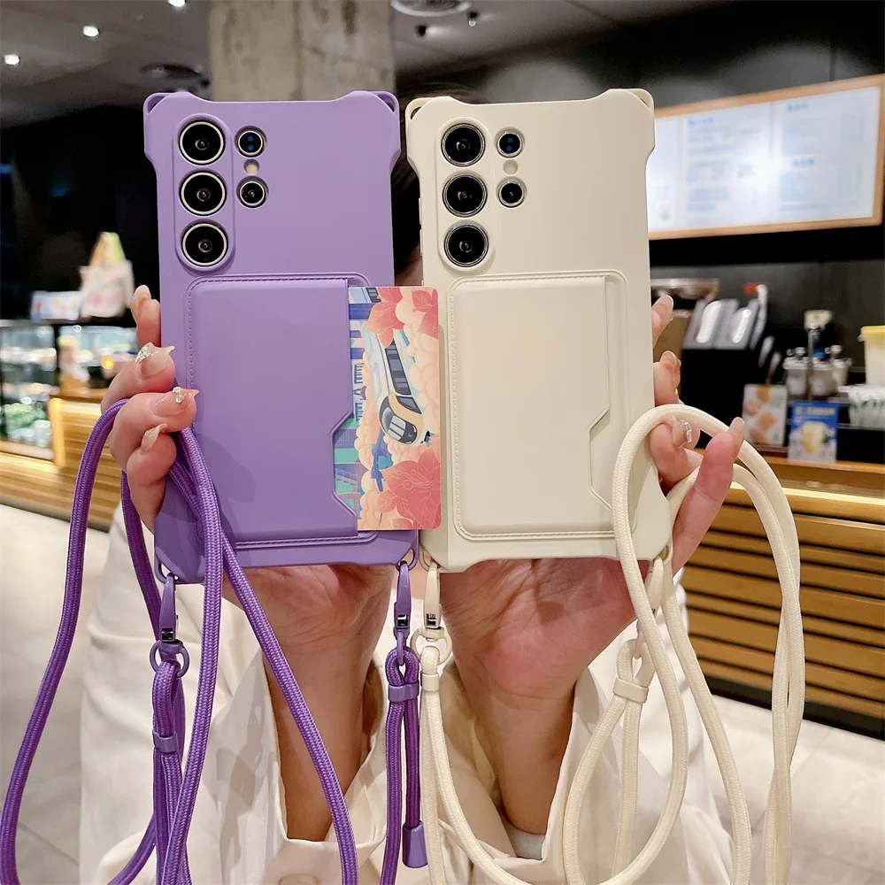 Soft Silicone Phone Case with Card Holder and Lanyard - Shockproof Protection Cover