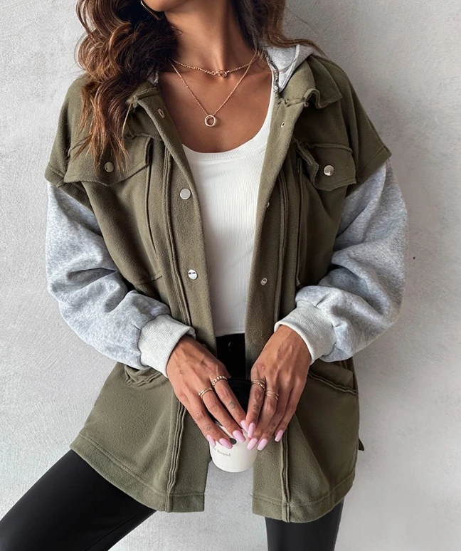 Women's Casual Daily Wear Commuting Woman Clothing Winter 2023 Colorblock Pocket Design Holiday Hooded Jacket Buttoned Jacket