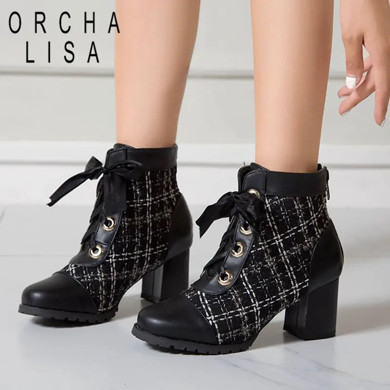 

ORCHA LISA Fashion Women Ankle Boots Round Toe Block Heels 6.5cm zipper Lace Up Splice Plus Size 45 46 Elegant Daily Mixed Bota