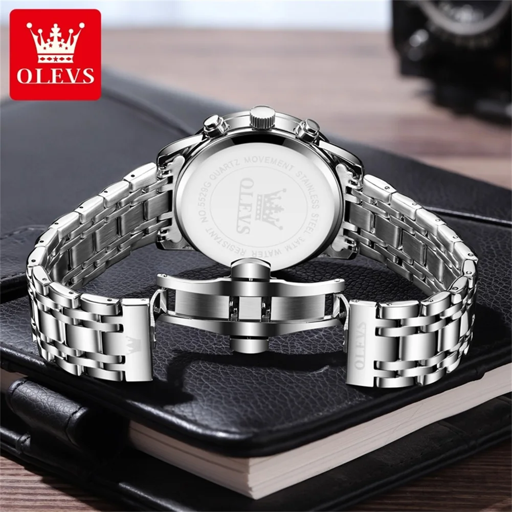 OLEVS Top Luxury Brand Men's Watches Luminous Moon Phase Stainless Steel Chronograp Calendar Quartz Watch Original Wristwatch