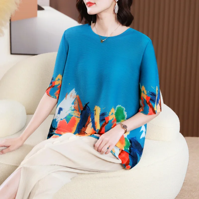 

Miyake Mom Spring Wear Young and Beautiful Fashion Print T-shirt Women 2023 New Loose plus Size Crew Neck Top 3/4 Sleeve