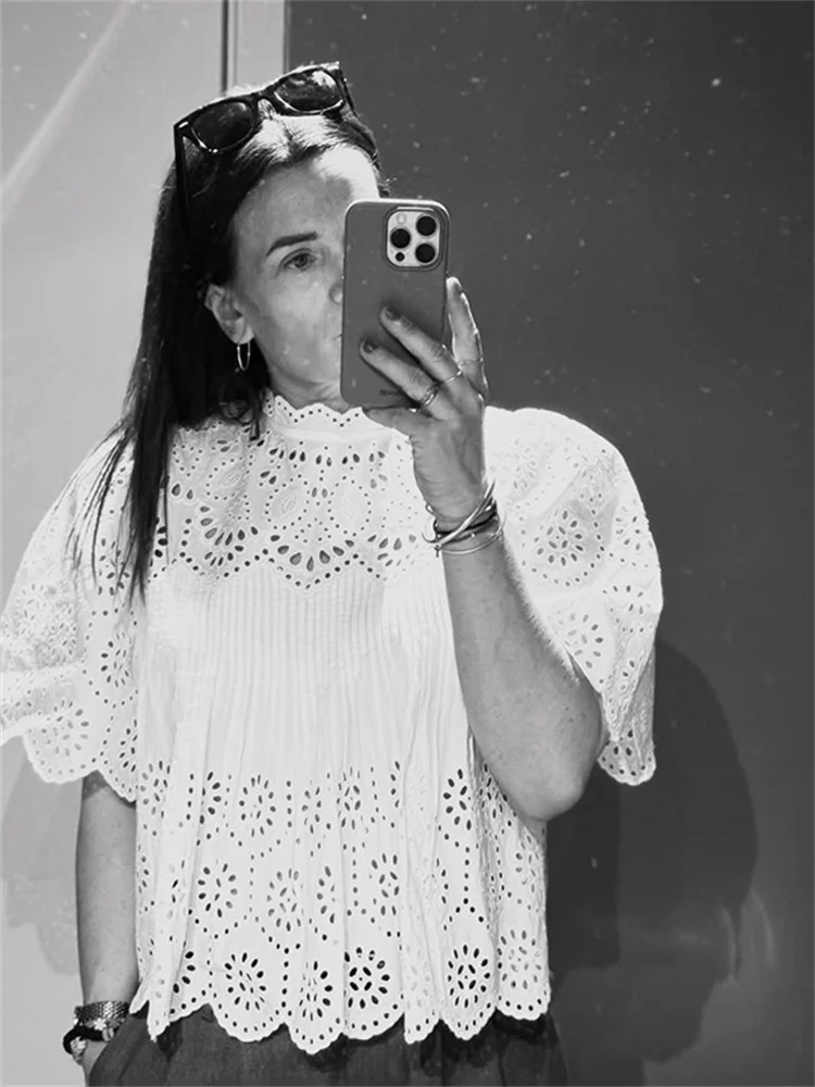 Stand Collar Women Cotton Blouse Hollow out Pleated Flared Sleeve 2025 Summer Lady Vintage Shirt