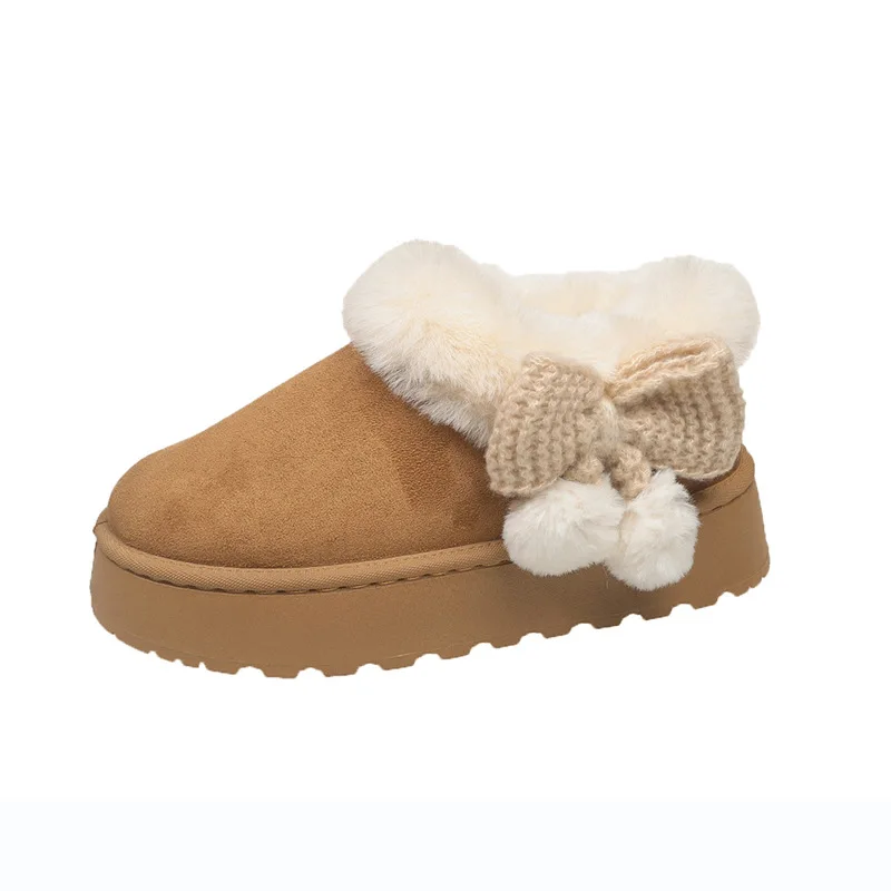 Sweet Fur Ball Bowknot Fluffy Snow Boots Women Winter Thicken Warm Plush Cotton Shoes Woman Faux Fur Platform Ankle Botas Mujer