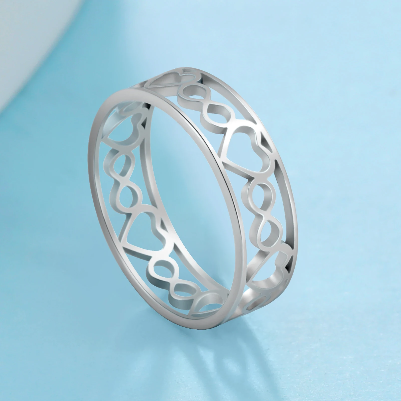 KKjoy Ringe für Damen und Herren, silberfarben, aus Edelstahl, hohler Schmuck, elegante Modeaccessoires, trendige Geschenke für Freunde. – Detail 6