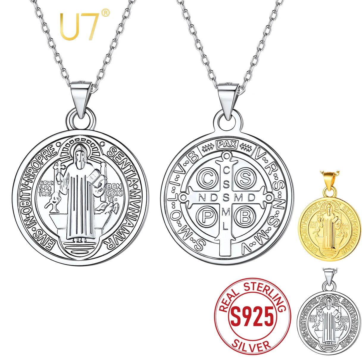 U7 925 Sterling Silver Coin Saint Benedict Necklaces Dainty Chain ...