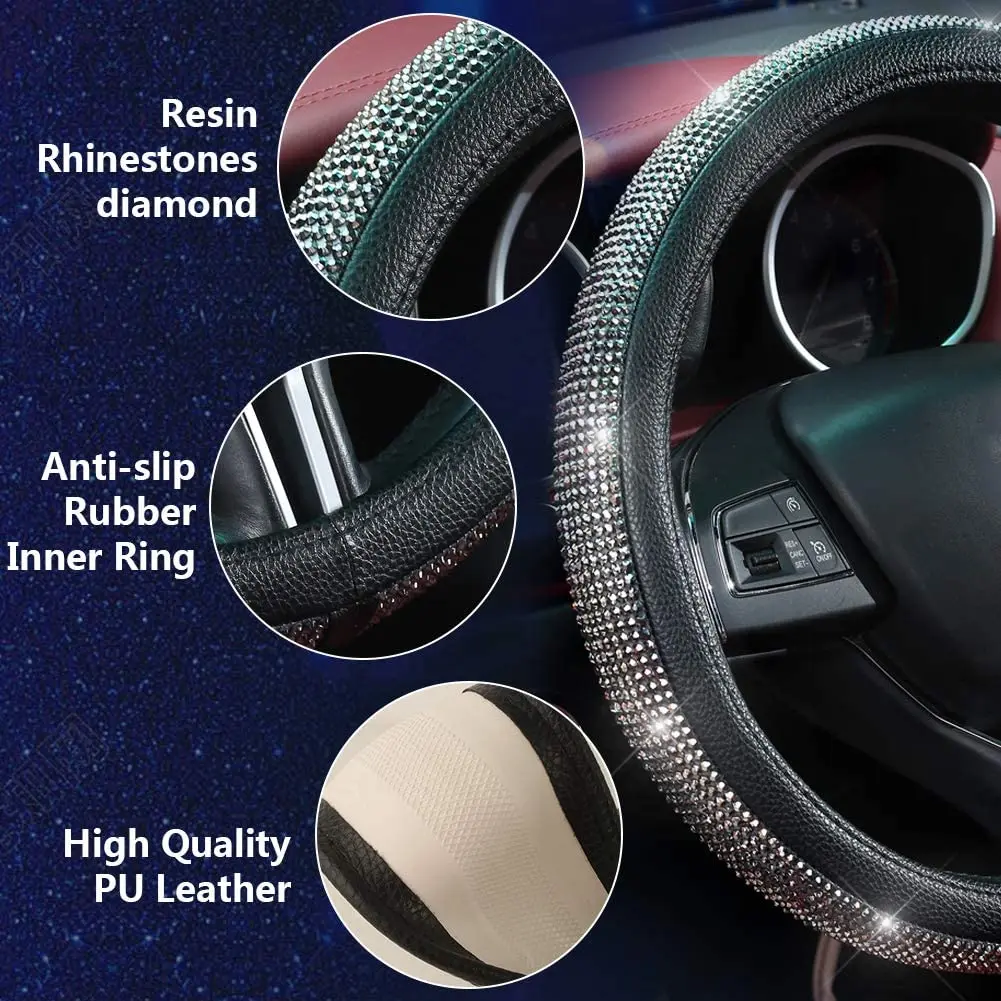 Rhinestones Leather Steering Wheel Cover with Bling Crystal Diamond Car Wheel Protector Car Interior Decoration Accessories