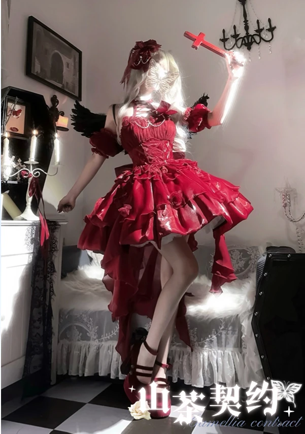 赤い椿のプリンセスドレス,ロリータの襟,花の結婚式,小さな悪魔