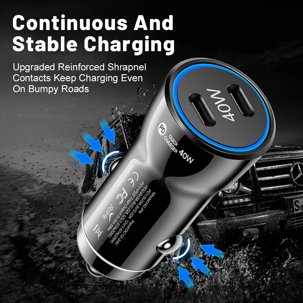 40W Dual PD Car Charger Type C Fast Charging USB C Phone Charger For iPhone 15 Samsung Xiaomi Huawei Quick Charging Car Adapter