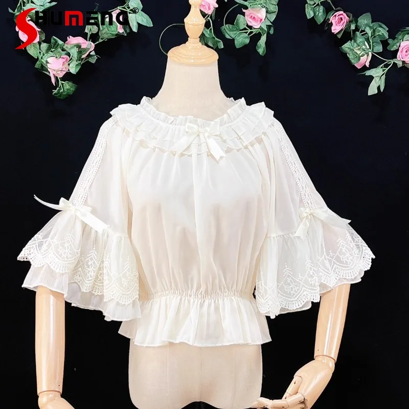 Lolita Japanese Summer New Chiffon Inner Wear Small Wide Sleeve Short Sleeve Shirt Half-Length Sleeve Underwear Blouse Top Women lolita short petticoat underskirt 45 cm length waist adjust 3 layers hoop ruffle a line woman wedding gift casual petticoat