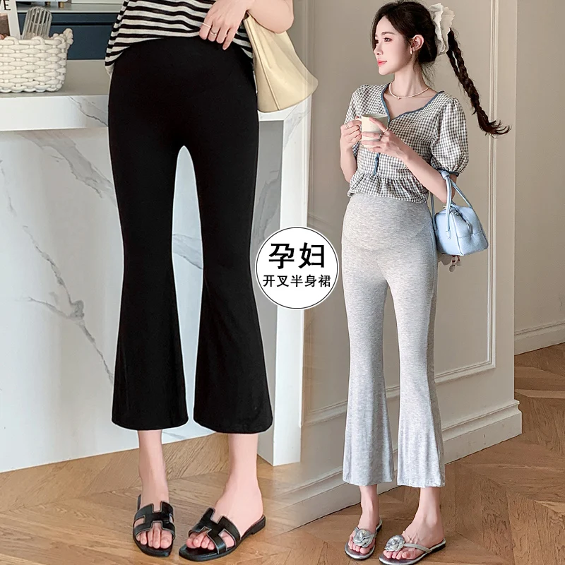 OOTD 24SS Spring Summer Fashion Thin Modal Maternity Legging Belly Support Flare Boot Cut Cropped Pants for Pregnancy Women Y2K