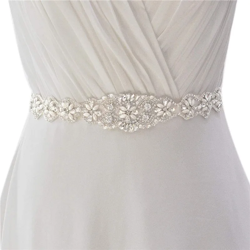 Bridal Belts Bling Wedding Women Handmade Jewelry Silver Rhinestone Pearl Crystal Sparkly Party Formal Dress Diamond Bride Sash