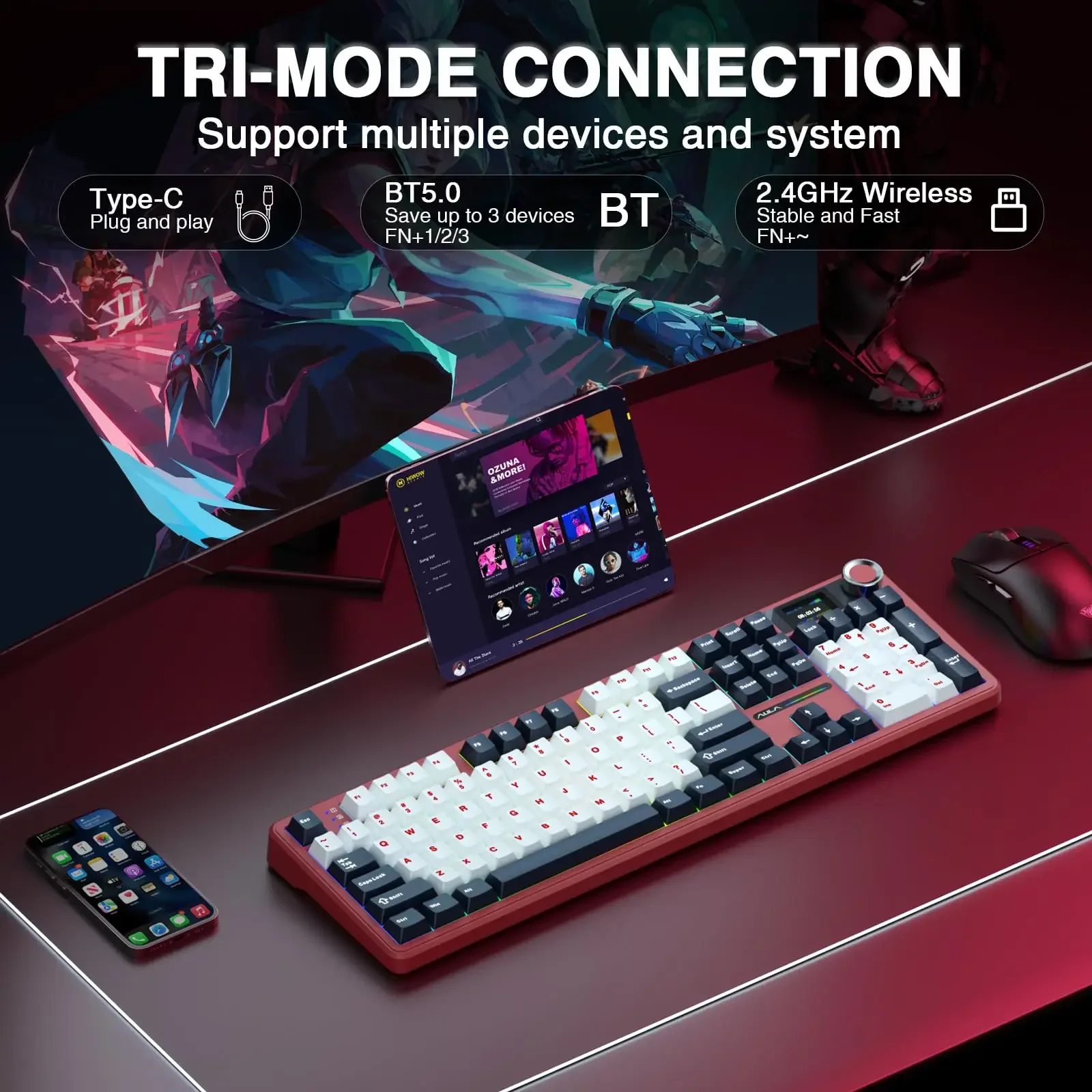 AULA F108 PRO ワイヤレスメカニカルキーボード、スクリーン&ノブ付き