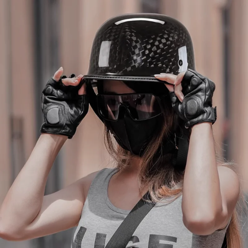 DOT Bright Black German Style Carbon Fiber Half Helmet Motorcycle