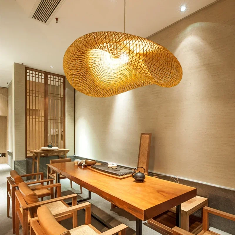 Pendant Lamp HandMade Bamboo Weaving LED Pendant Lamp Home Decor Hanging Chandelier Lighting Living Room Kitchen Vintage Rattan Woven Light