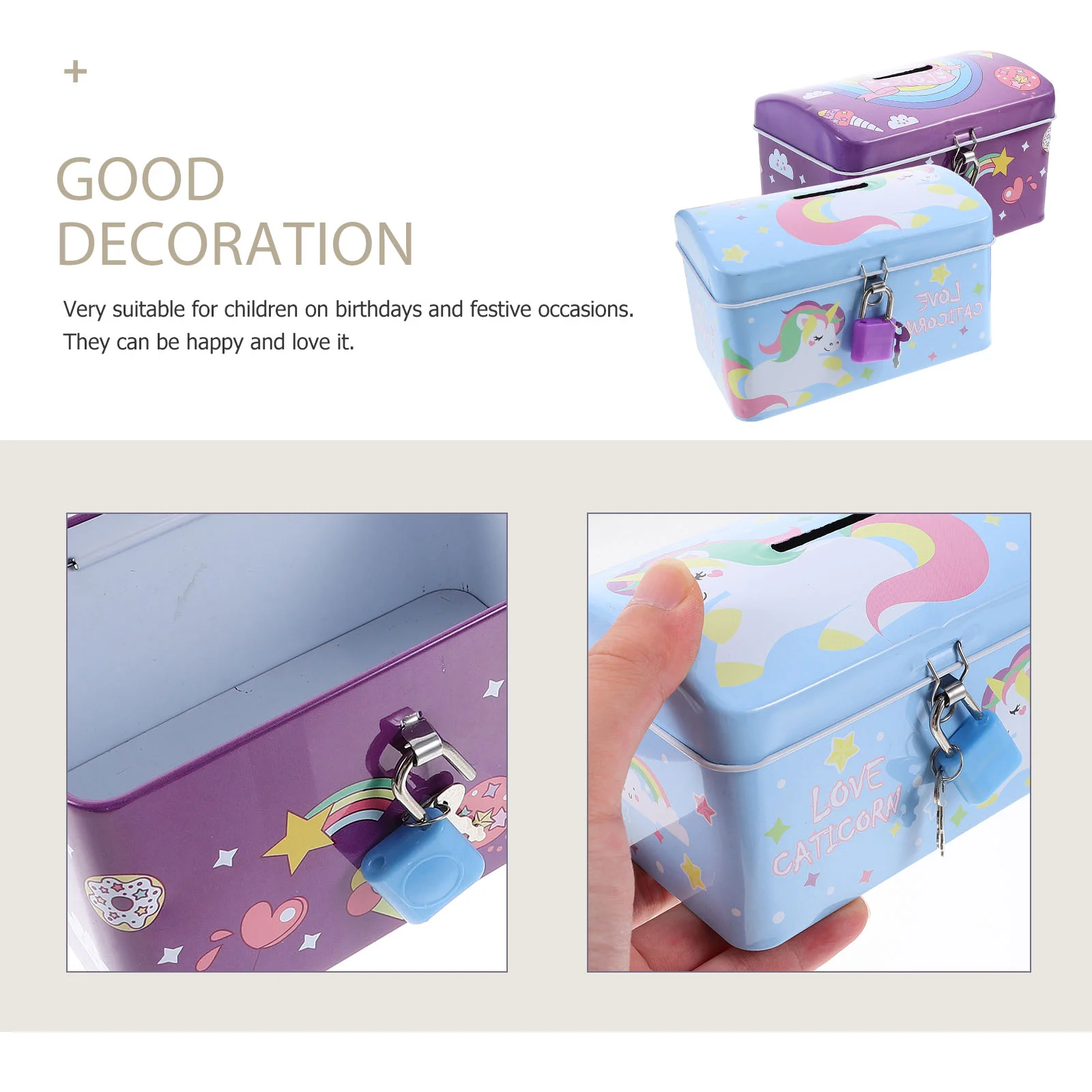 2 Pcs Kids Money Bank Creative Cartoon Unicorn Piggy Bank Adorable Saving Jar With Lock Iron Storage Box Home Decor Money Boxes 6