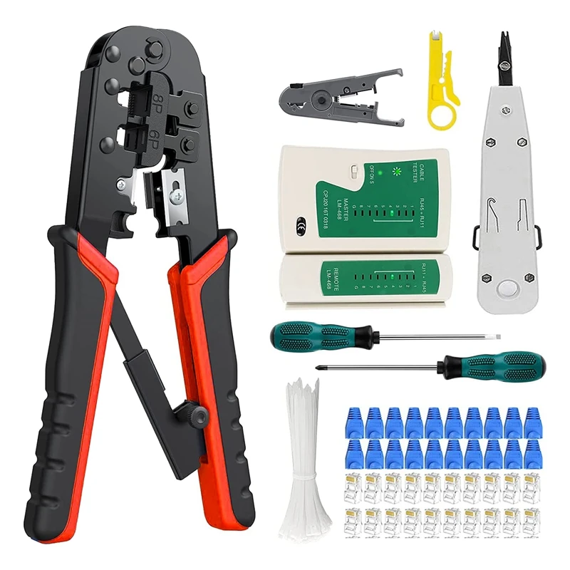 

1Set RJ-11, 6P/RJ-12, 8P/RJ-45 Ethernet Crimping Tool Kit 20 Connectors,20 Caps,1 Network Cable Tester Portable Metal+Plastic