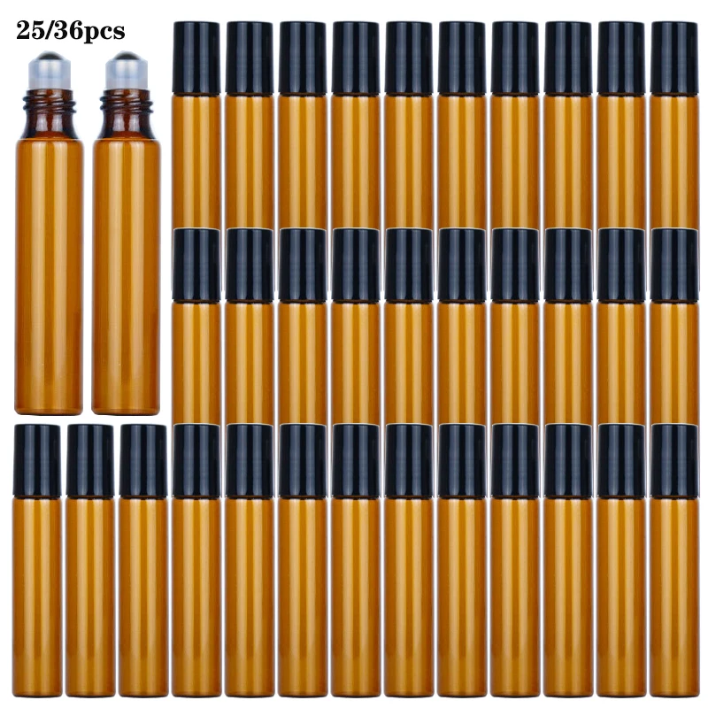 

25/36pcs 10ml Amber Thin Glass Roll on Bottle for Essential Oil Vials with Roller Metal Ball Refillable Bottles Containers