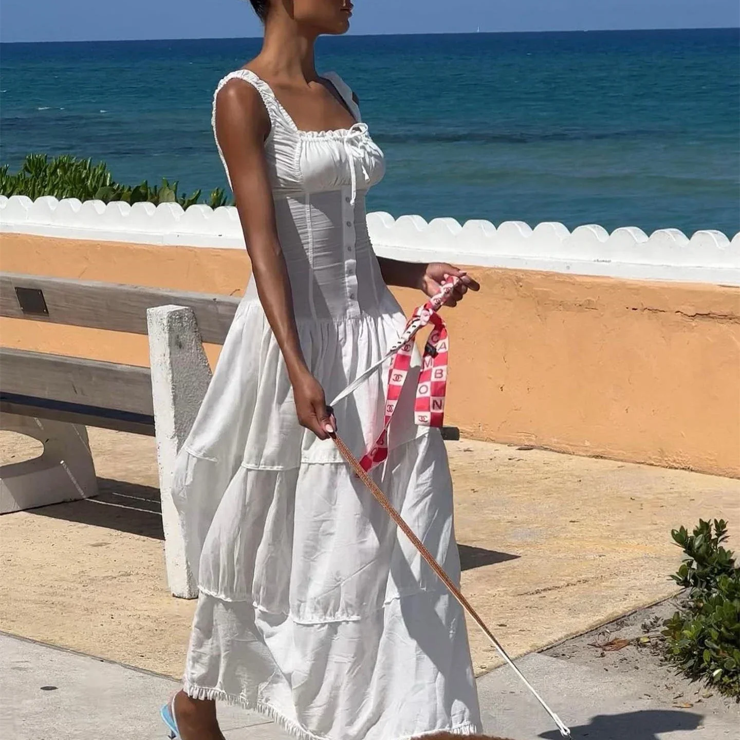 VC Glamorous Halter V-Neck White Maxi Dress with Black Corset Style Detail and Open Back for a Gala Event Gown